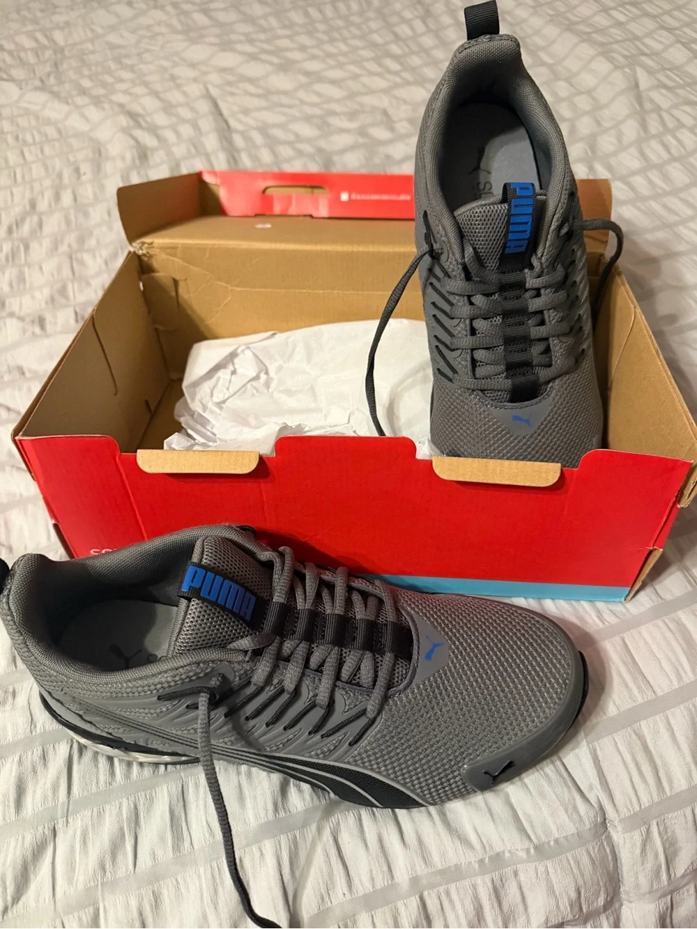 Puma Men’s Gray Athletic Shoes with Blue Logo Accents